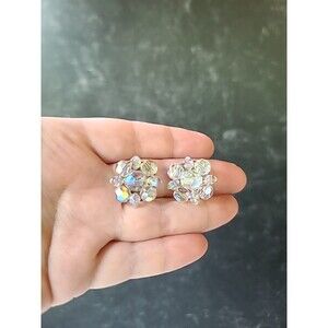 Crystal Aurora Borealis Beaded Floral Clip-on Earrings Vintage Costume Jewelry